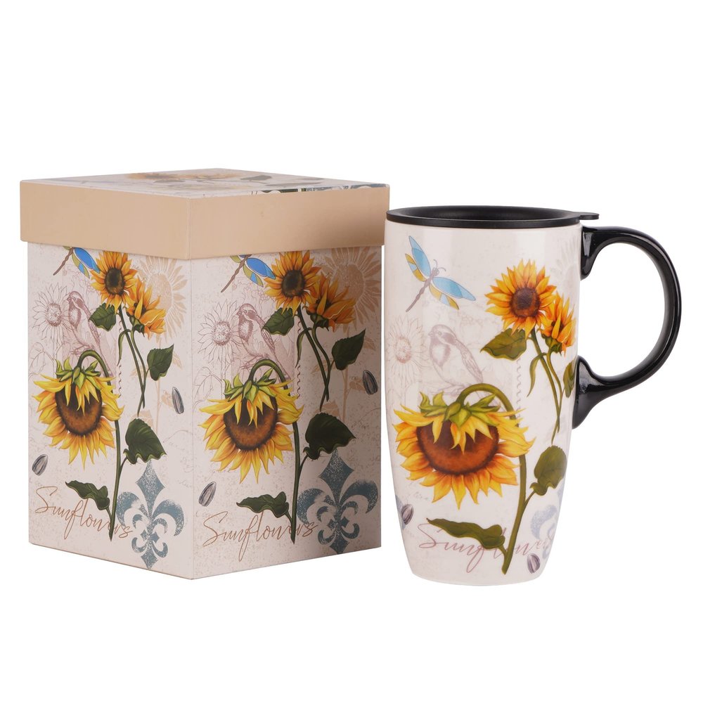 DUSVALLY Ceramic Tall Coffee Mug, Friends Coffee Cup Gift Set, Travel Mug with Lid for Office and Home, Porcelain Mug Unique Gifts for Women and Man, 17 oz Large Cup,Sunflower