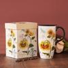 DUSVALLY Ceramic Tall Coffee Mug, Friends Coffee Cup Gift Set, Travel Mug with Lid for Office and Home, Porcelain Mug Unique Gifts for Women and Man, 17 oz Large Cup,Sunflower view 2
