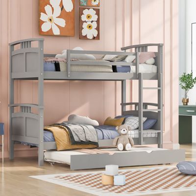 KLMM Stylish Twin-Over-Twin Bunk Bed with Twin Size Trundle, Separable Bunk Bed, Suitable for Children, Teenagers, Adults, Bedroom (Gray@U#)