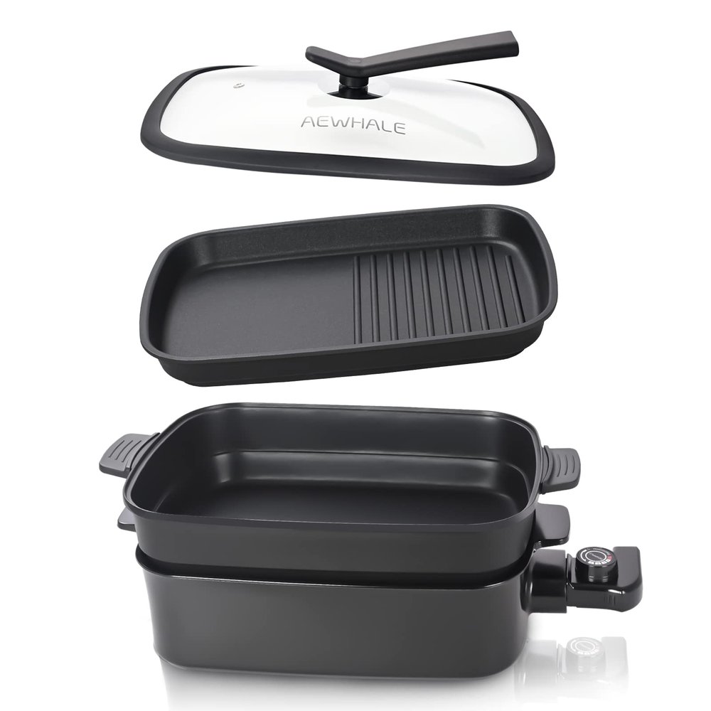 AEWHALE 2-in-1 Multifunctional Electric Grill,Indoor Smokeless Electric Griddle Electric Skillet with Removable Non-Stick Plate+Pot+Lid,1400W Adjustable Temperature Party Griddle