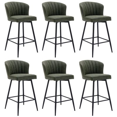 CIMOO Green Leather Counter Stools Set of 6 Mid Century Modern Bar Stools Upholstered Counter Height Stool Chairs Green 26 Inch Kitchen Island Chairs with Back, PU Faux Letaher