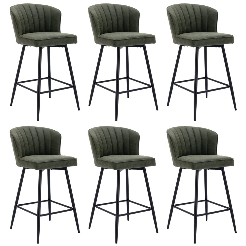 CIMOO Green Leather Counter Stools Set of 6 Mid Century Modern Bar Stools Upholstered Counter Height Stool Chairs Green 26 Inch Kitchen Island Chairs with Back, PU Faux Letaher