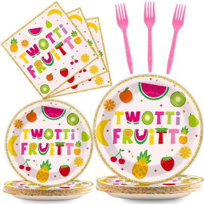 OBUSATT 96Pcs Twotti Frutti Party Supplies Summer Fruit 2nd Birthday Paper Plates Napkins Fruit Party Decorations Lemon Watermelon Pineapple Strawberry Dinnerware Favor Tableware Serves 24