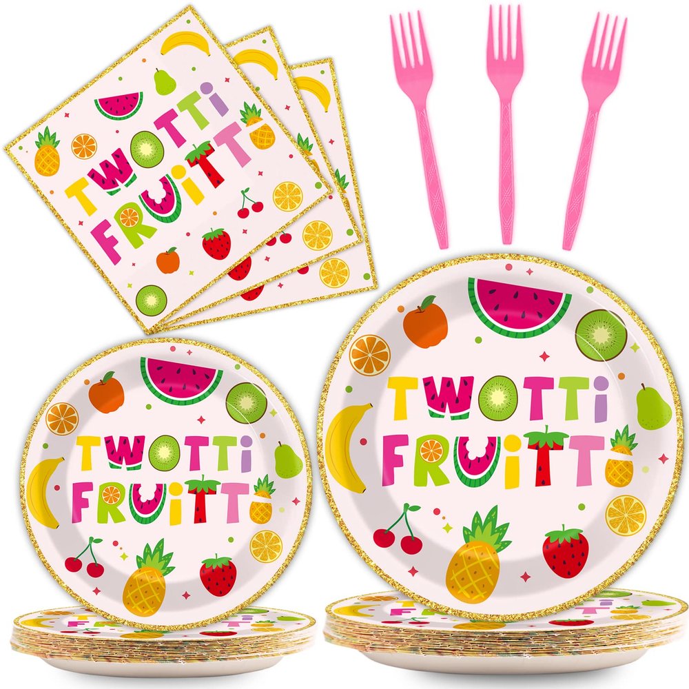 OBUSATT 96Pcs Twotti Frutti Party Supplies Summer Fruit 2nd Birthday Paper Plates Napkins Fruit Party Decorations Lemon Watermelon Pineapple Strawberry Dinnerware Favor Tableware Serves 24