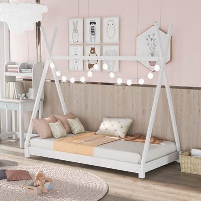 CNANXU Solid Wood Twin Size Canopy Platform Bed with Triangle Structure, Twin Floor Bed Frame for Boys, Girls, Teens, Mattress Base, No Box Spring Needed (White)