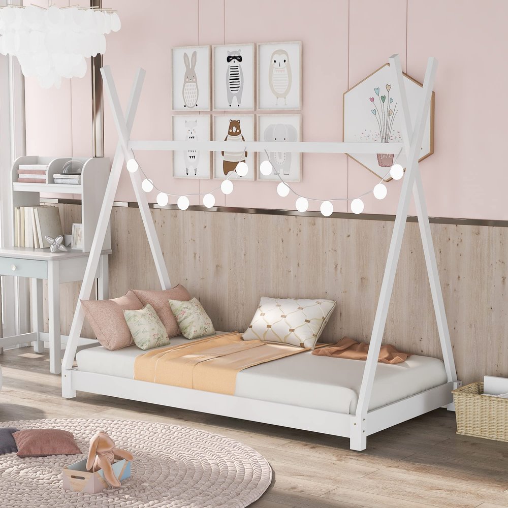 CNANXU Solid Wood Twin Size Canopy Platform Bed with Triangle Structure, Twin Floor Bed Frame for Boys, Girls, Teens, Mattress Base, No Box Spring Needed (White)