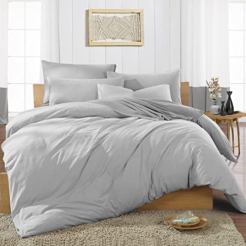 British Linen's - 100% Egyptian Cotton Duvet Cover Set, 3 Piece Luxury Soft Comforter Bedding Set with Zipper Closure & 400 Thread Count Quilt Cover Sets - Light Grey Solid, Full.