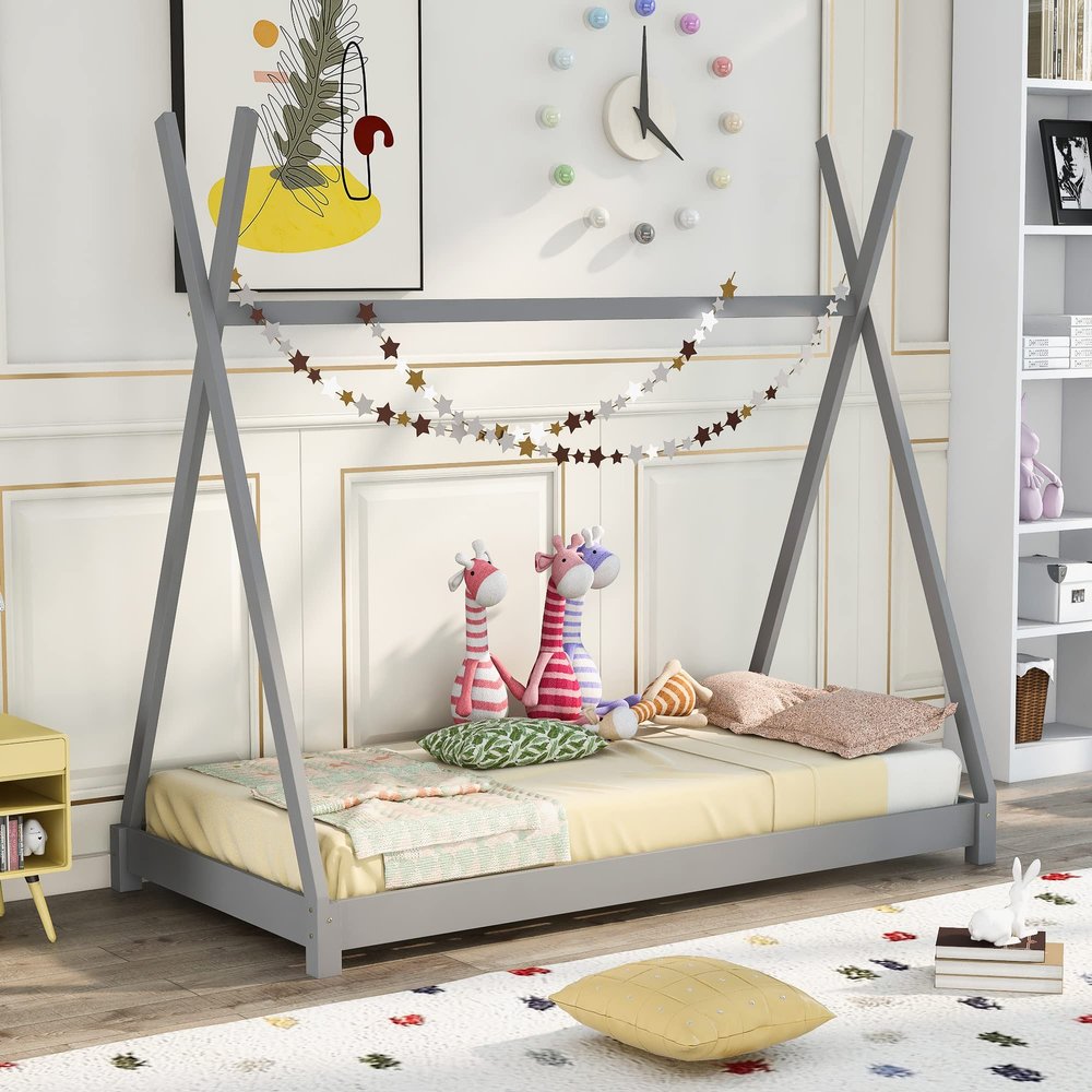 CNANXU Solid Wood Twin Size Canopy Platform Bed with Triangle Structure, Twin Floor Bed Frame for Boys, Girls, Teens, Mattress Base, No Box Spring Needed (Gray)