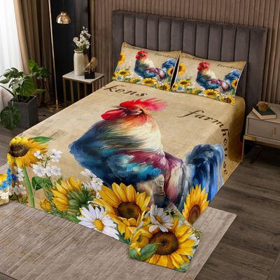 Manfei Cute Rooster Kids Bedspread Twin Size,Chicken Rustic Farmhouse Coverlet Set,Girls Boys Adults Bedroom Decor,Sunflowers Animals Plants Quilted Coverlet,Colorful Retro Bedding Quilt,1 Pillowcase