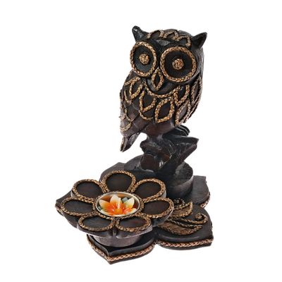 AeraVida Detailed Animal Hollow Owl in The Garden Carved Rain Beautiful Tree Candle Holder