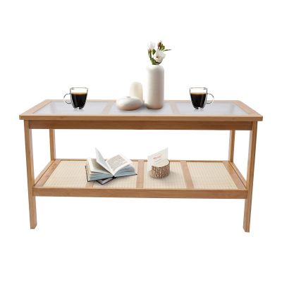 2 Tier Coffee Table Glass Top Modern Mid Century Wood Coffee Tea Tables Rectangle Food Snack Storage Shelf Living Room Furniture for Bedroom Office Shop(37.8 * 19.7 * 19.7in)