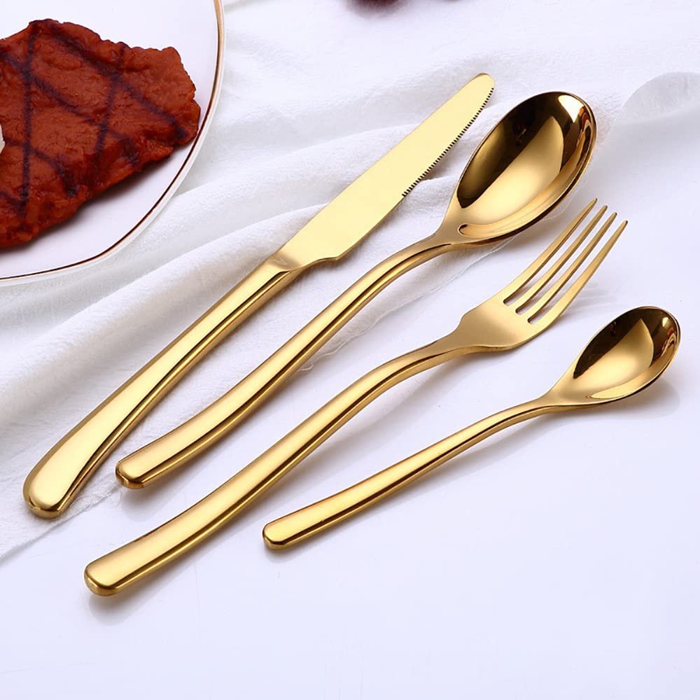 Gold Silverware Set for 6 Stainless Steel Flatware Set Modern Cutlery Utensils 24 Piece Include Knives Forks and Spoons Tableware Set for Home Kitchen Wedding Restaurant Nice Weight Mirror Polished