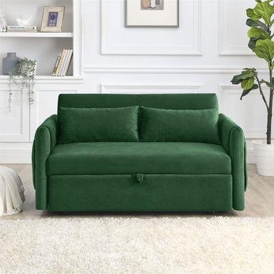 55" Convertible Sofa Bed, Velvet Loveseat Sofa with 2 Detachable Arm Pockets, Sofa Couch with Pull Out Bed, 2 Pillows and Adjustable Backrest, Living Room Sofa with Grid Design Armrests, Green