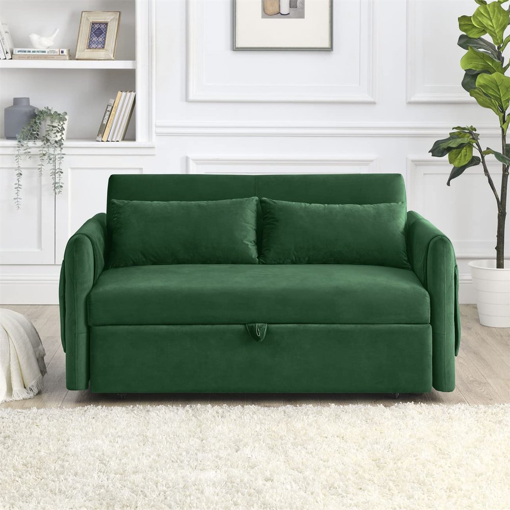 55" Convertible Sofa Bed, Velvet Loveseat Sofa with 2 Detachable Arm Pockets, Sofa Couch with Pull Out Bed, 2 Pillows and Adjustable Backrest, Living Room Sofa with Grid Design Armrests, Green