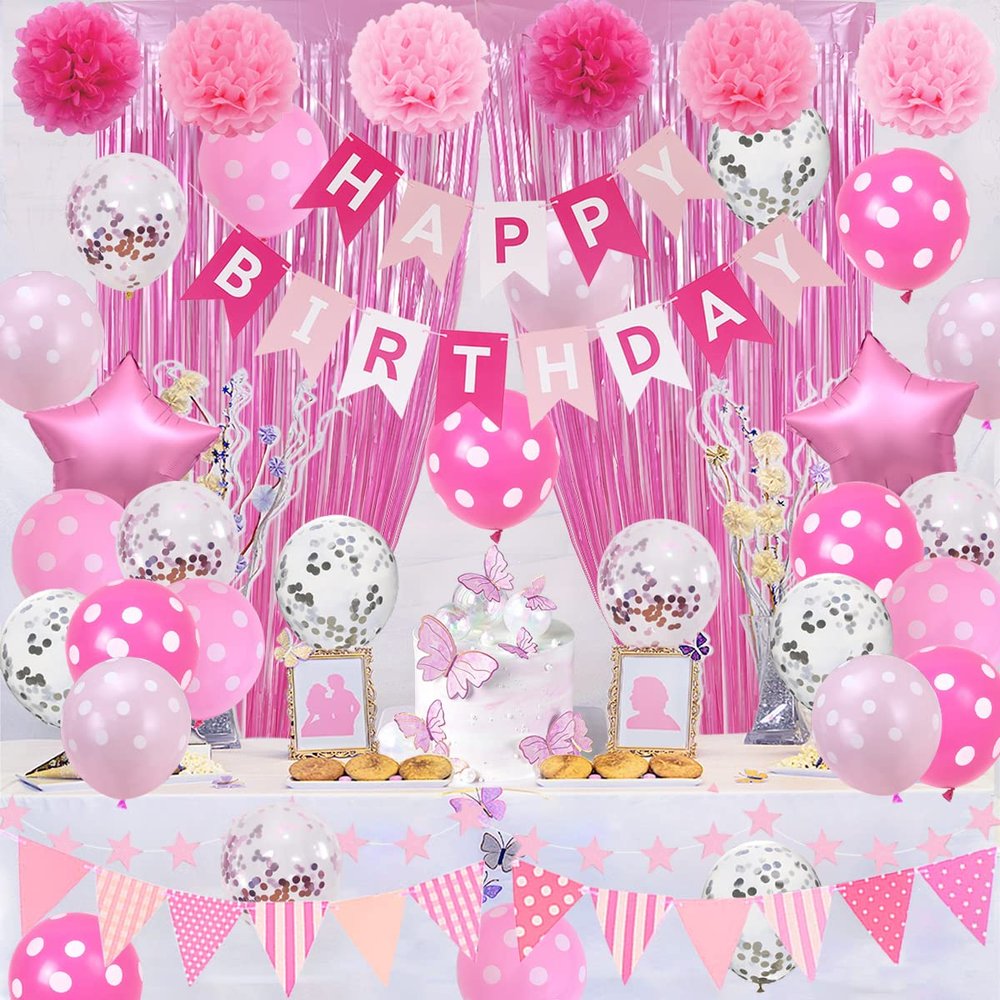 Pink Birthday Party Decorations, Light Pink and White Decor with Happy Birthday Banner, Tissue Pom Pom Flowers, Hot Pink and White Balloons, Pink Foil Curtain, Bday Party Supplies for Women