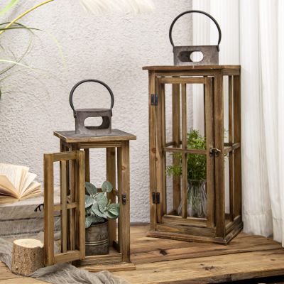 TIMRIS Large Farmhouse Wooden Metal Lantern Set of 2, Rustic Decorative Floor Candle Lanterns, Vintage Distressed Hanging Lanterns for Home Dcor (No Glass)