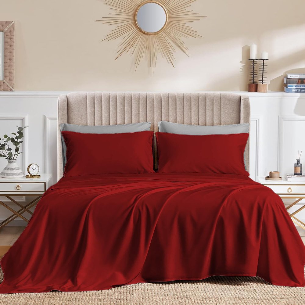 Softport Beddings Alberta King 96x96 Size Luxurious 600 Thread Count Soft & Silky Feel Long Staple 100% Egyptian Cotton Sheet Set, Fits Mattress Up to 21 inches Deep Pocket Sheet Set Burgundy Color