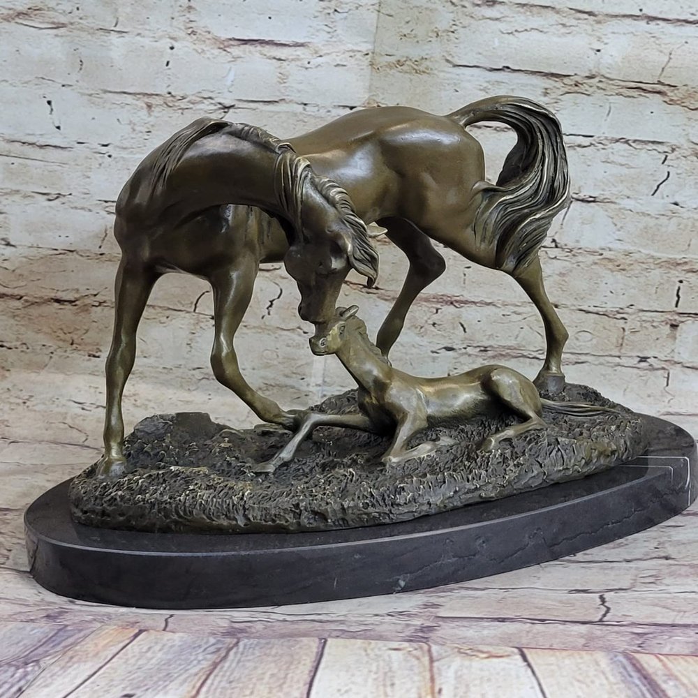 Bugatti Mare W/Foal Horse Bronze Sculpture Wild Farm Animal Marble Figurine Sale Decorative Artwork Sale Gift by Think Bronze