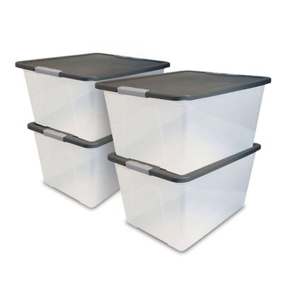 HOMZ 4-Pack Secure Latch, Clear Plastic Storage Organizer Bins, 64 Quart, Gray Lid - Stackable Container Boxes for Bedroom, Bathroom, Garage, and Office Organization