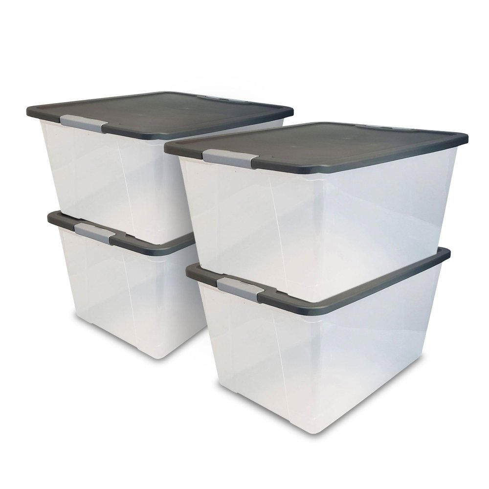 HOMZ 4-Pack Secure Latch, Clear Plastic Storage Organizer Bins, 64 Quart, Gray Lid - Stackable Container Boxes for Bedroom, Bathroom, Garage, and Office Organization