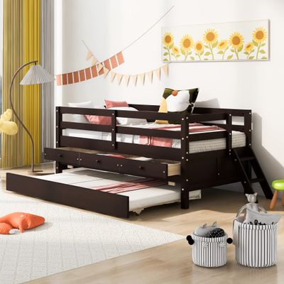 KLMM Elegant Low Day Bed Twin Size with Full Safety Fence, Climbing Ladder, Storage Drawers and Trundle Gray Solid Wood Bed, Suitable for Children, Teenagers, Adults, Room (Espresso@I)