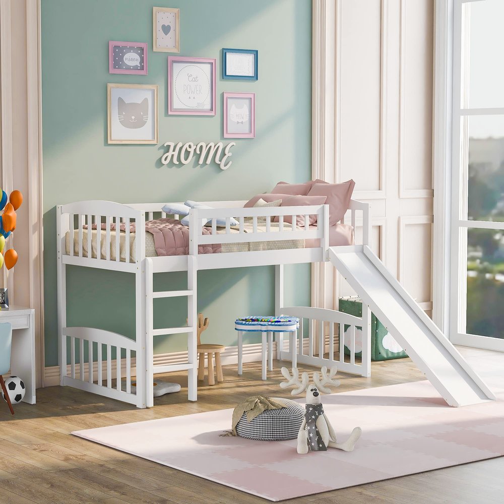 Anwick Twin Size Loft Bed with Ladder and Slide, Wooden Low Loft Bed Frame for Kids Girls Boys, Space Saving, Easy to Assemble, No Box Spring Required (White)