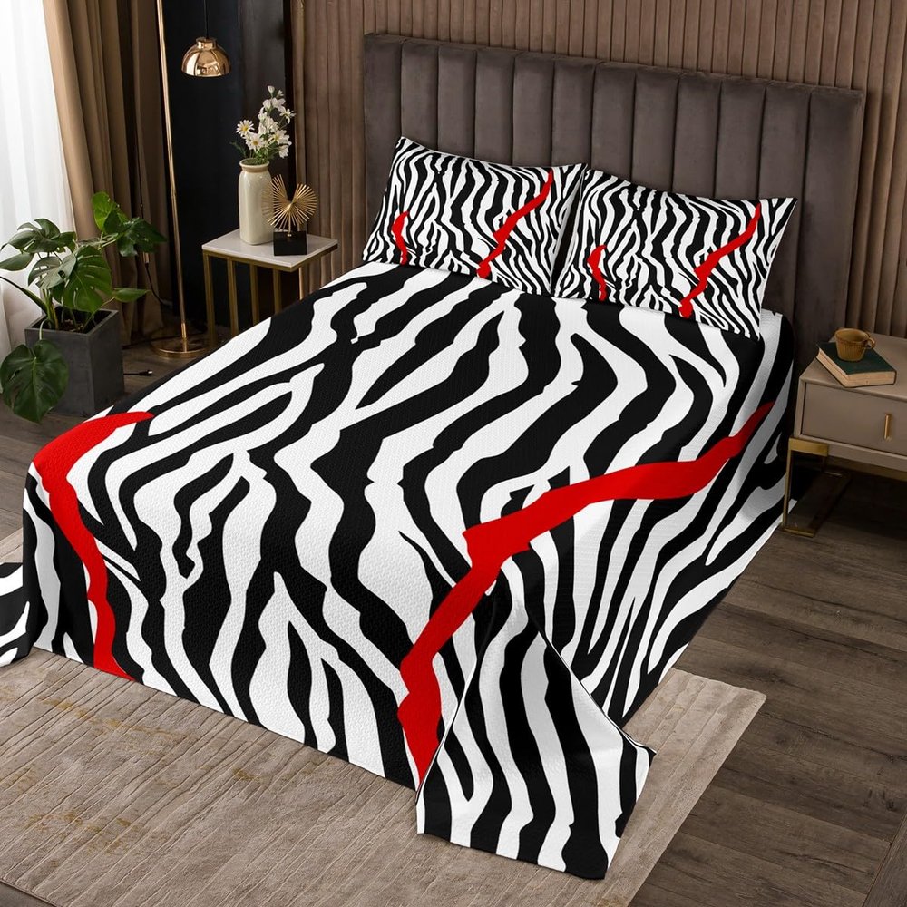 Zebra Skin Stripes Bedspread Queen Size,Wave Lines Coverlet Set 3pcs for Kids Teens Boys Girls Adult Room Decor,Geometric Abstract Quilted Coverlet Black Red White Bedding Quilt with 2 Pillowcases