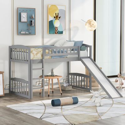 Anwick Twin Size Loft Bed with Ladder and Slide, Wooden Low Loft Bed Frame for Kids Girls Boys, Space Saving, Easy to Assemble, No Box Spring Required (Gray)