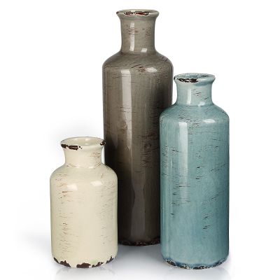 CUCUMI Ceramic Vases Set of 3, Rustic Coastal Vases Home Decor, Farmhouse Flower Vases Decor for Shelves, Ocean Beach Style, Mantle, Fireplace, Coffee Table, Shelf Decorations