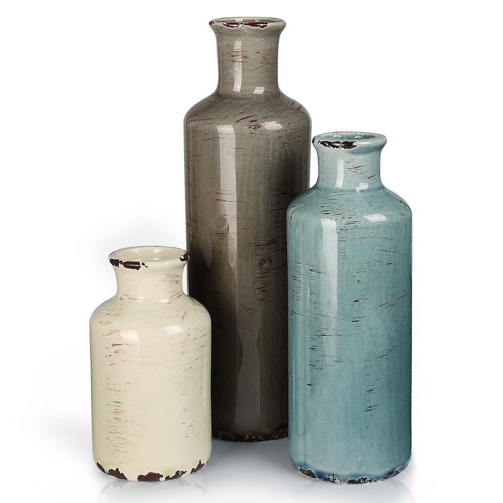 CUCUMI Ceramic Vases Set of 3, Rustic Coastal Vases Home Decor, Farmhouse Flower Vases Decor for Shelves, Ocean Beach Style, Mantle, Fireplace, Coffee Table, Shelf Decorations