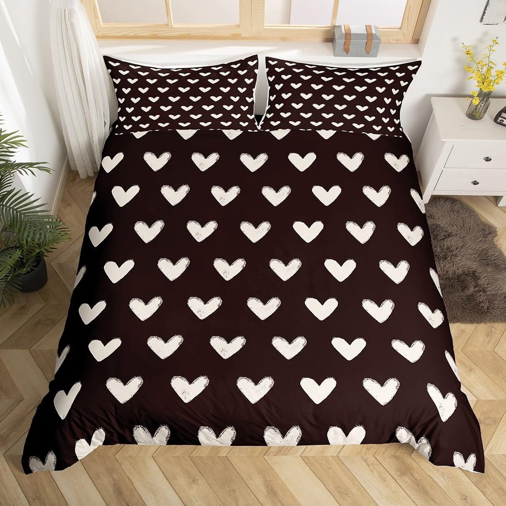 Black White Duvet Cover Full Size Cute Heart Pattern Bed Sets For Kids Boys Girls Valentine Day Gift Bedding Set Cartoon Love Geometric Bedspread Cover Love Heart Soft Warm Quilt Cover 3 Pieces