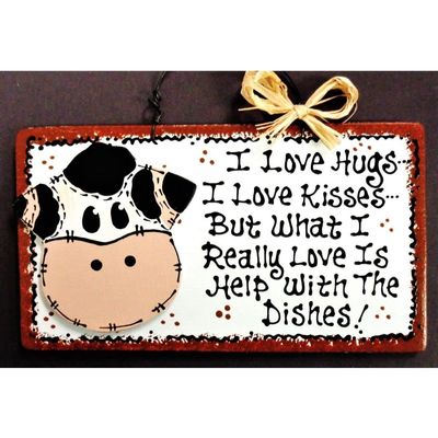 1 Pcs Cow Overlay Hugs Kisses Dishes Kitchen Sign Wood Decor Wall Art Hanger Plaque