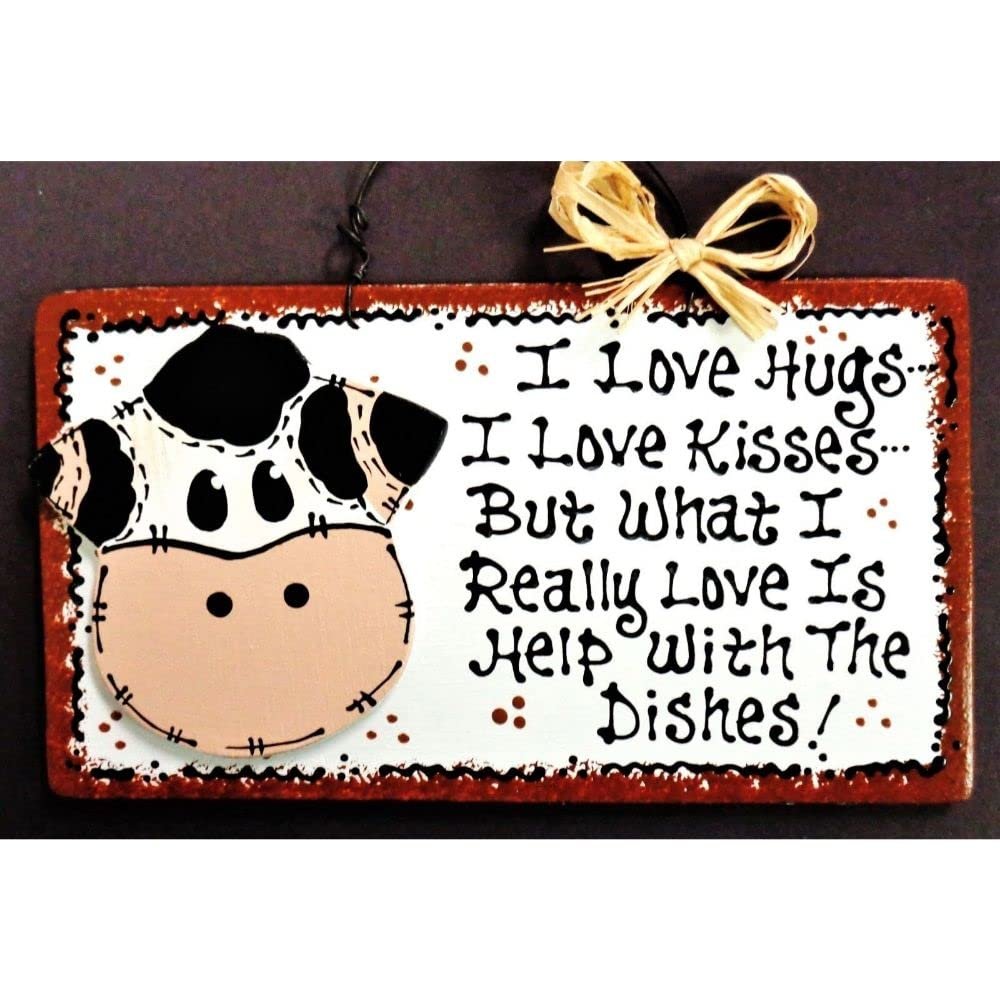 1 Pcs Cow Overlay Hugs Kisses Dishes Kitchen Sign Wood Decor Wall Art Hanger Plaque