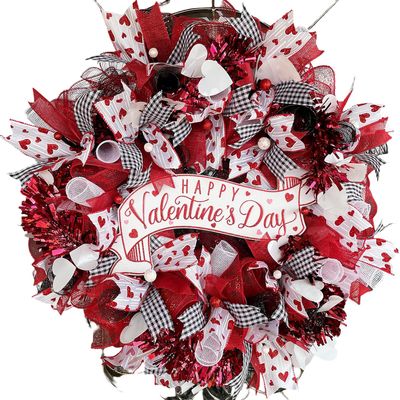Happy Valentine's Day Red Bling Deco Mesh Front Door Wreath, Porch Patio Yard Art Decor, Wall Decoration, Indoor Outdoor