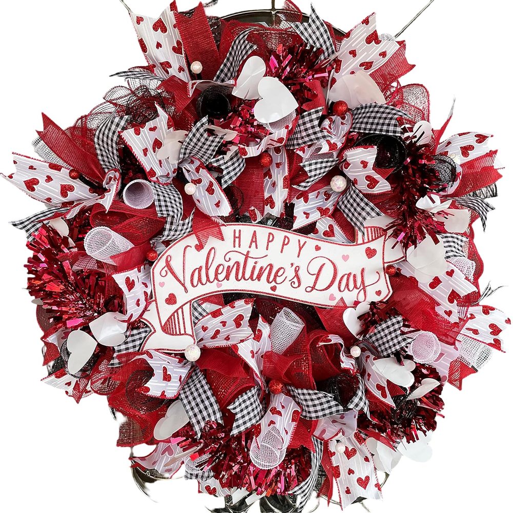 Happy Valentine's Day Red Bling Deco Mesh Front Door Wreath, Porch Patio Yard Art Decor, Wall Decoration, Indoor Outdoor