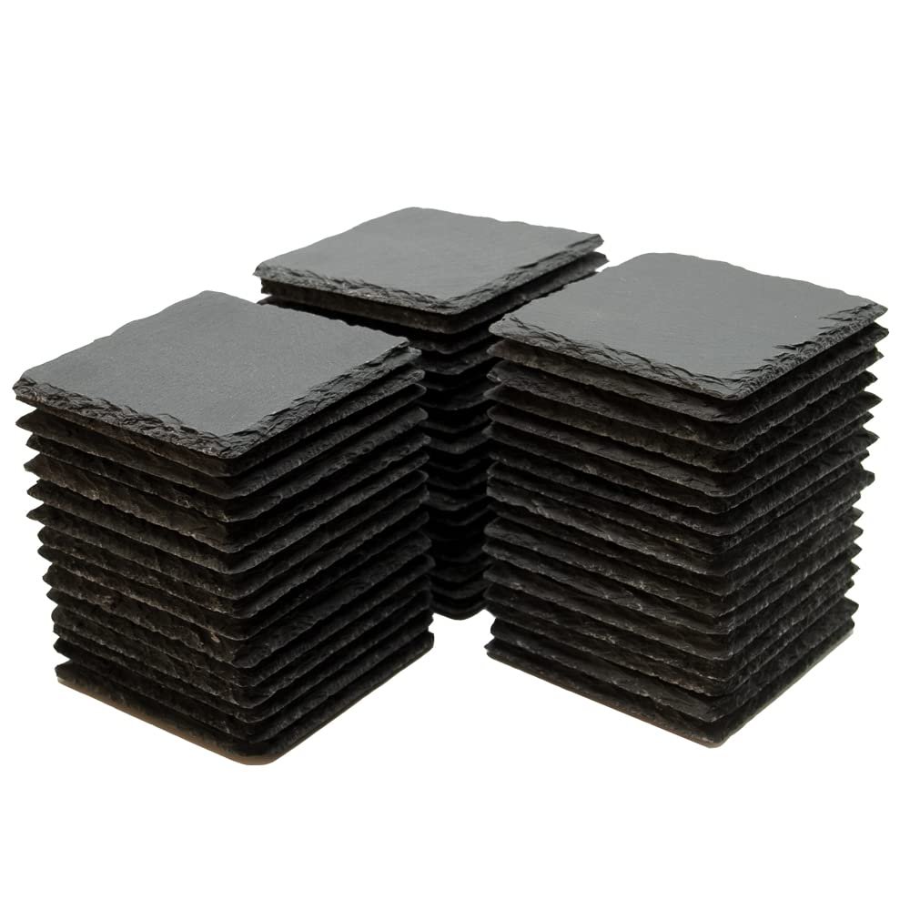 52 Pack 4 x 4 Inch Yousonew Blank Black Slate Coasters Bulk Square Slate Stone Coaster for Laser Engraving,Drink Bar Kitchen Home,Outdoor Coffee Table,Handmade Natural Rough Edge,Set of 52