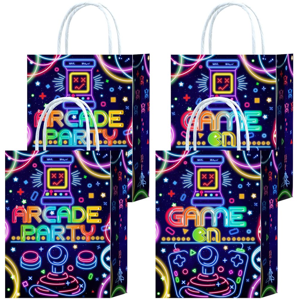 16 Pieces Game on Goodie Bags for Gamer Birthday Party Supplies,Arcade Gaming Gift Snacks Treat Candy Party Favors Bags with Handles for Kids Adults Video Game Theme Party Decorations (Arcade-Blue)