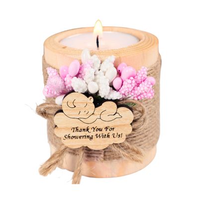 HTF Pack of 10 Personalized Baby Shower Decorations Wood Tealight Candle Holder, Babyshower Gifts, Gender Reveal Favors, Baby Shower Wood Candle Holders (BS-Pink, Light Brown)