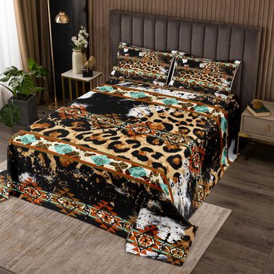 Erosebridal Cowhide Coverlet Set Brown Leopard Print Bedspread,Western Quilted Twin Exotic Aztec Cow Print Quilt Set,Farmhouse Wild Animal Skin Room Decor Cowboys Gifts for Men