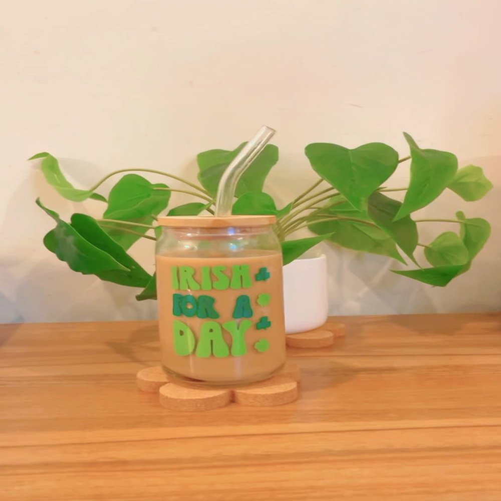 Iced Coffee Glass Cup with Bamboo Lid and Straw | 16oz Beer Can Glass | beer glass Cup | Can Shaped Glass Soda Can Cup | Irish for a day Glass Cup, Beer Glass Can, Glass Coffee Cup
