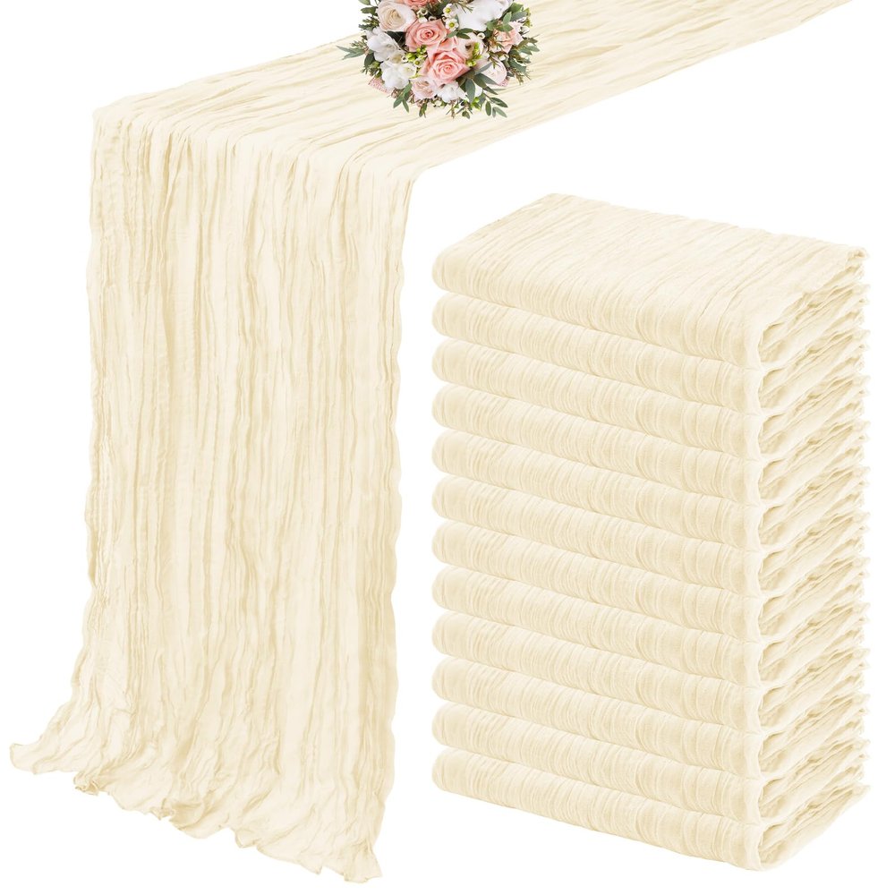 12 Pack Cheesecloth Table Runner 35 x 120 inch Long Boho Cheese Cloth Gauze Table Runners Cream Semi Sheer Table Runner for Wedding Decor, Bridal Shower, Birthday Party (Ivory)