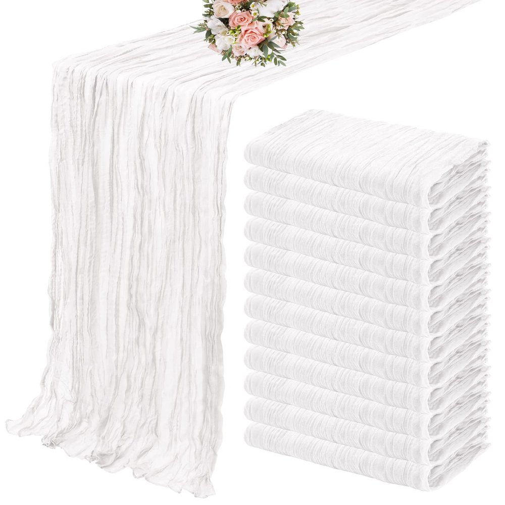 12 Pack Cheesecloth Table Runner 35 x 120 inch Long Boho Cheese Cloth Gauze Table Runners Semi Sheer Table Runner for Wedding Decor, Bridal Shower, Birthday Party (White)
