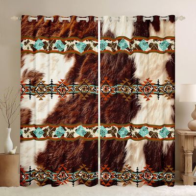 Erosebridal Cowhide Curtains Western Blackout Curtains 104"X63",Brown Highland Cow Print & Drapes Exotic Aztec Diamond Window,Farm Animals Bull Cattle Skin Room Decor Cowboys Gifts for Women