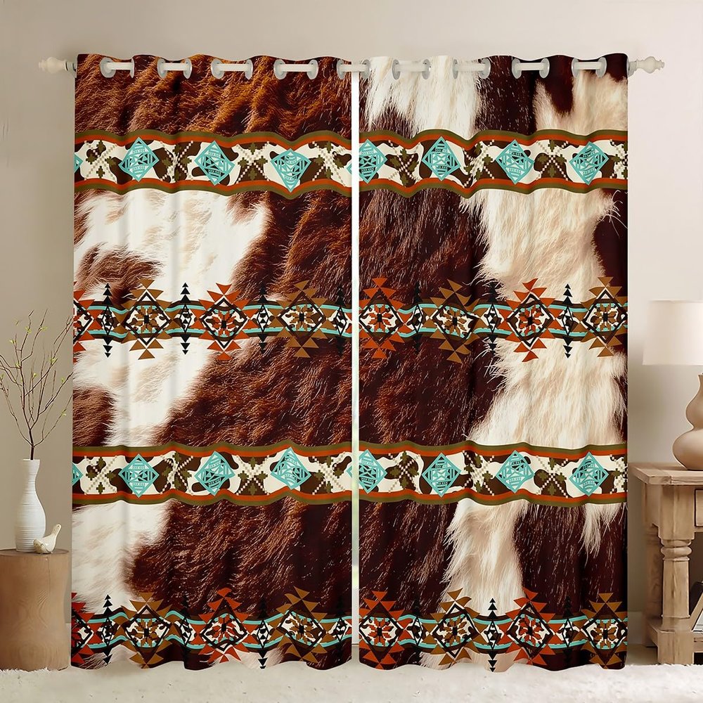 Erosebridal Cowhide Curtains Western Blackout Curtains 104"X63",Brown Highland Cow Print & Drapes Exotic Aztec Diamond Window,Farm Animals Bull Cattle Skin Room Decor Cowboys Gifts for Women