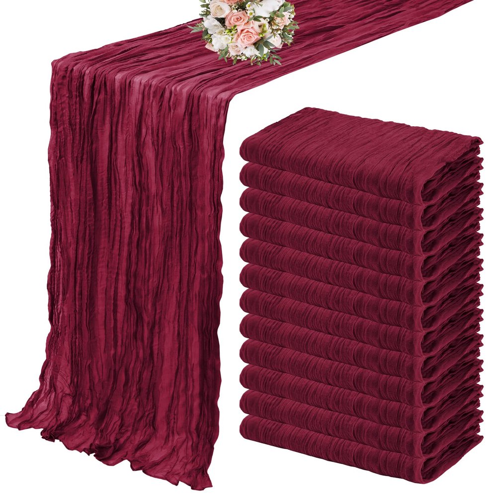 12 Pack Cheesecloth Table Runner 35 x 120 inch Long Boho Cheese Cloth Gauze Table Runners Semi Sheer Table Runner for Wedding Decor, Bridal Shower, Birthday Party (Burgundy)
