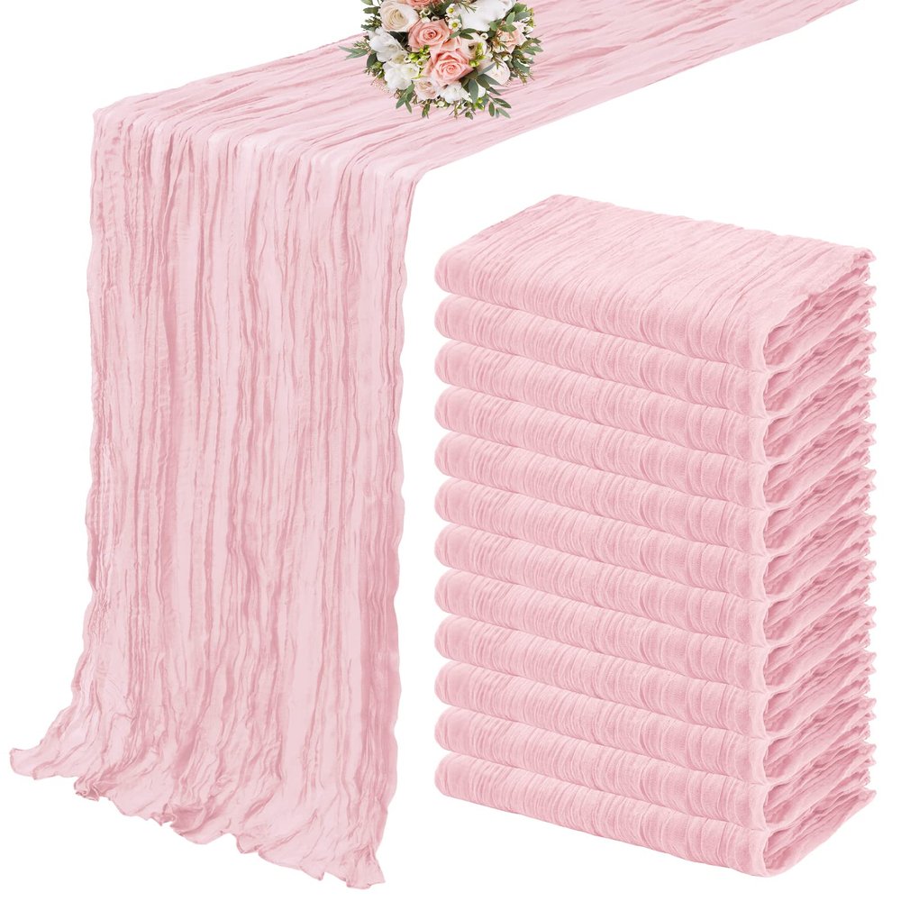 12 Pack Cheesecloth Table Runner 35 x 120 inch Long Boho Cheese Cloth Gauze Table Runners Semi Sheer Table Runner for Wedding Decor, Bridal Shower, Birthday Party (Light Pink)