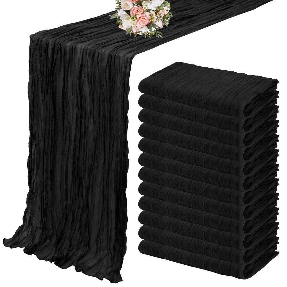 12 Pack Cheesecloth Table Runner 10FT, Boho Gauze Table Runner, Semi-Sheer Table Runners Rustic Wedding Table Decor, Bridal Shower, Birthday Party, Romantic Wedding Runner (Black)