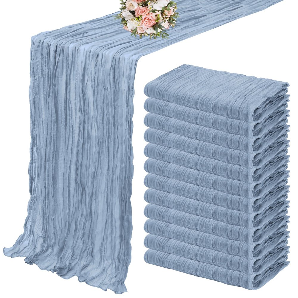 12 Pack Cheesecloth Table Runner 35 x 120 inch Long Boho Cheese Cloth Gauze Table Runners Semi Sheer Table Runner for Wedding Decor, Bridal Shower, Birthday Party (Dusty Blue)