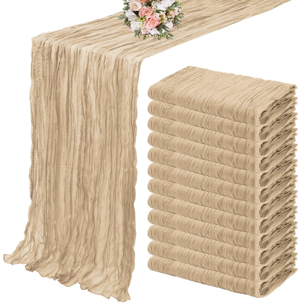 12 Pack Cheesecloth Table Runner 35 x 120 inch Long Boho Cheese Cloth Gauze Table Runners Semi Sheer Table Runner for Wedding Decor, Bridal Shower, Birthday Party (Beige)