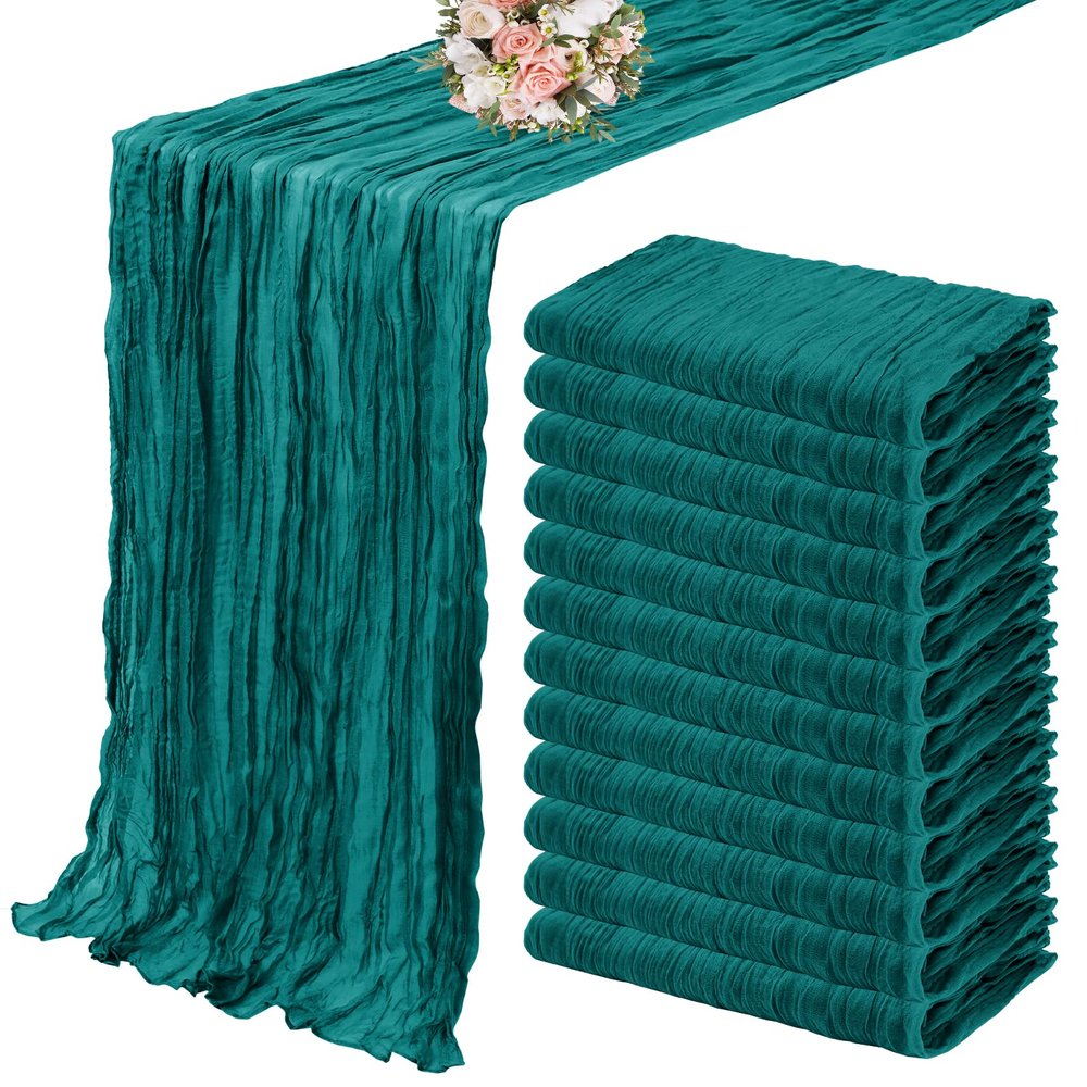 12 Pack Cheesecloth Table Runner 35 x 120 inch Long Boho Cheese Cloth Gauze Table Runners Semi Sheer Table Runner for Wedding Decor, Bridal Shower, Birthday Party (Teal)